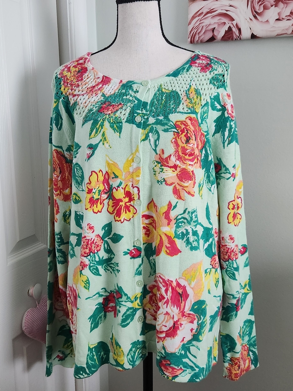 Isaac Mizrahi Mint Green Floral Button-Down Cardigan